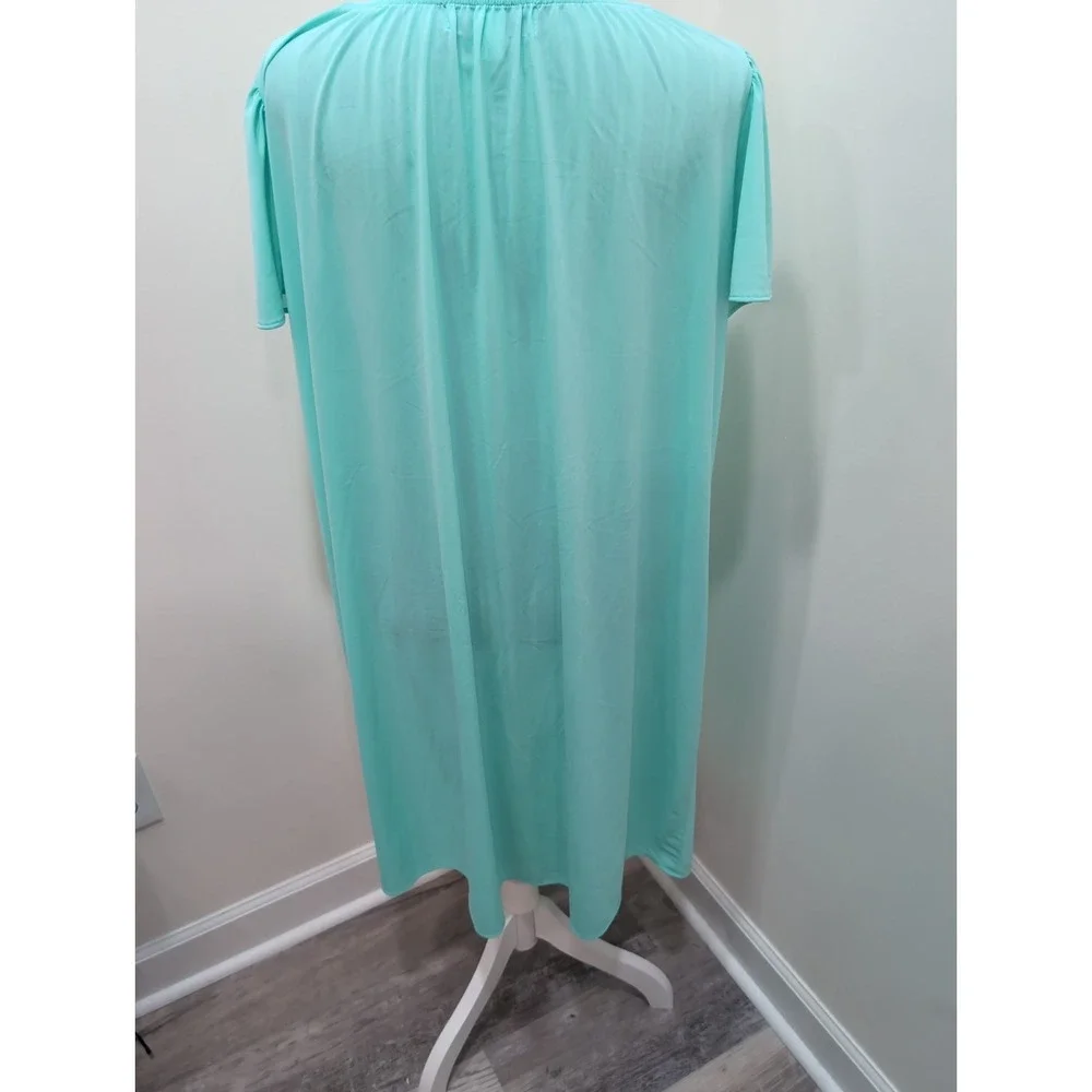 Miss Elaine Aqua Blue Nylon Nightgown Embroidered Floral Flutter Sleeves XL